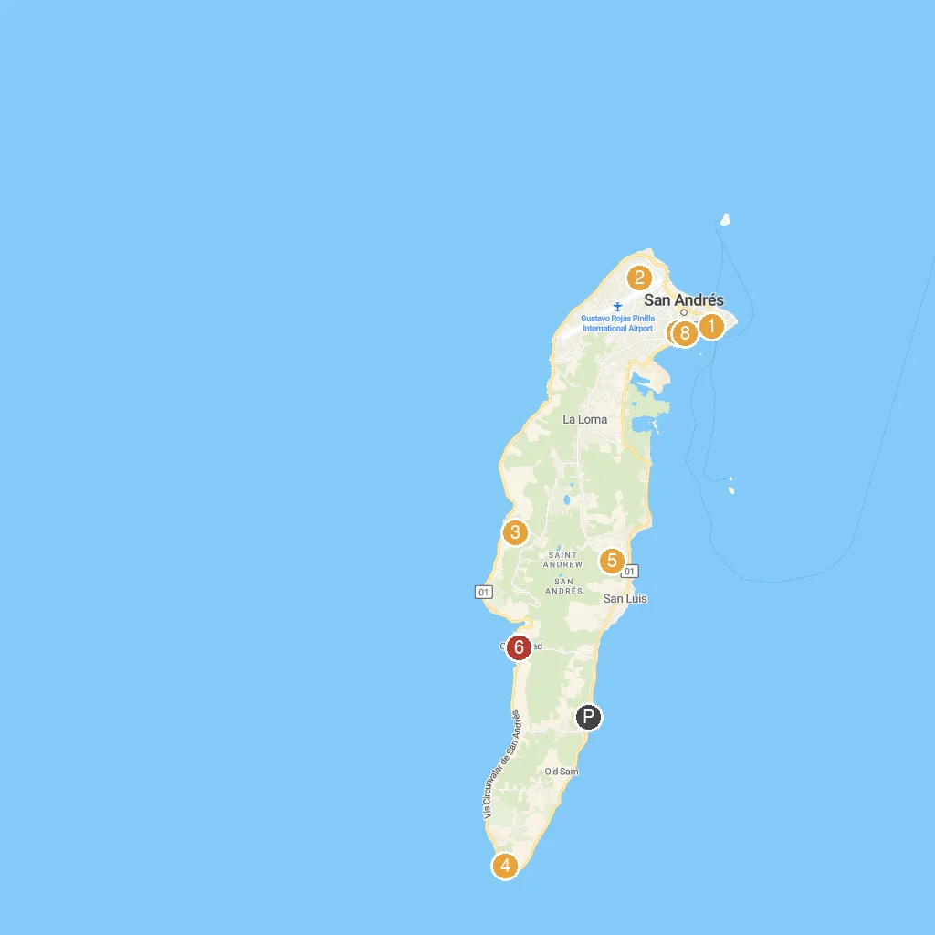 San Andrés Island, Caribbean, Colombia map with numbered points of interest