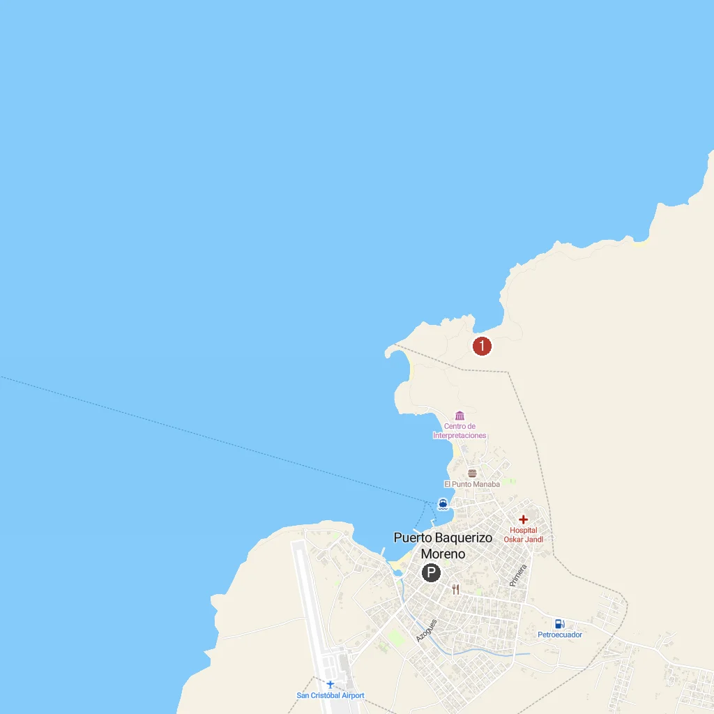 San Cristobal Island, Galapagos, Ecuador map with numbered points of interest