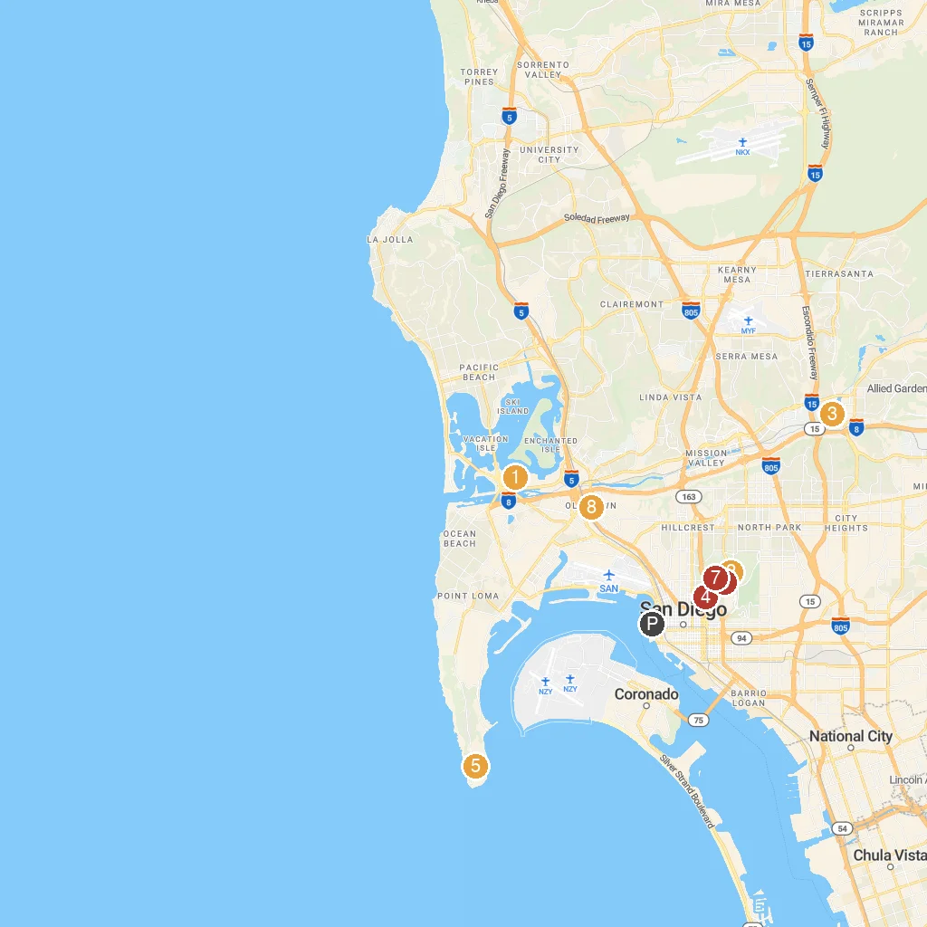 San Diego, California, USA map with numbered points of interest