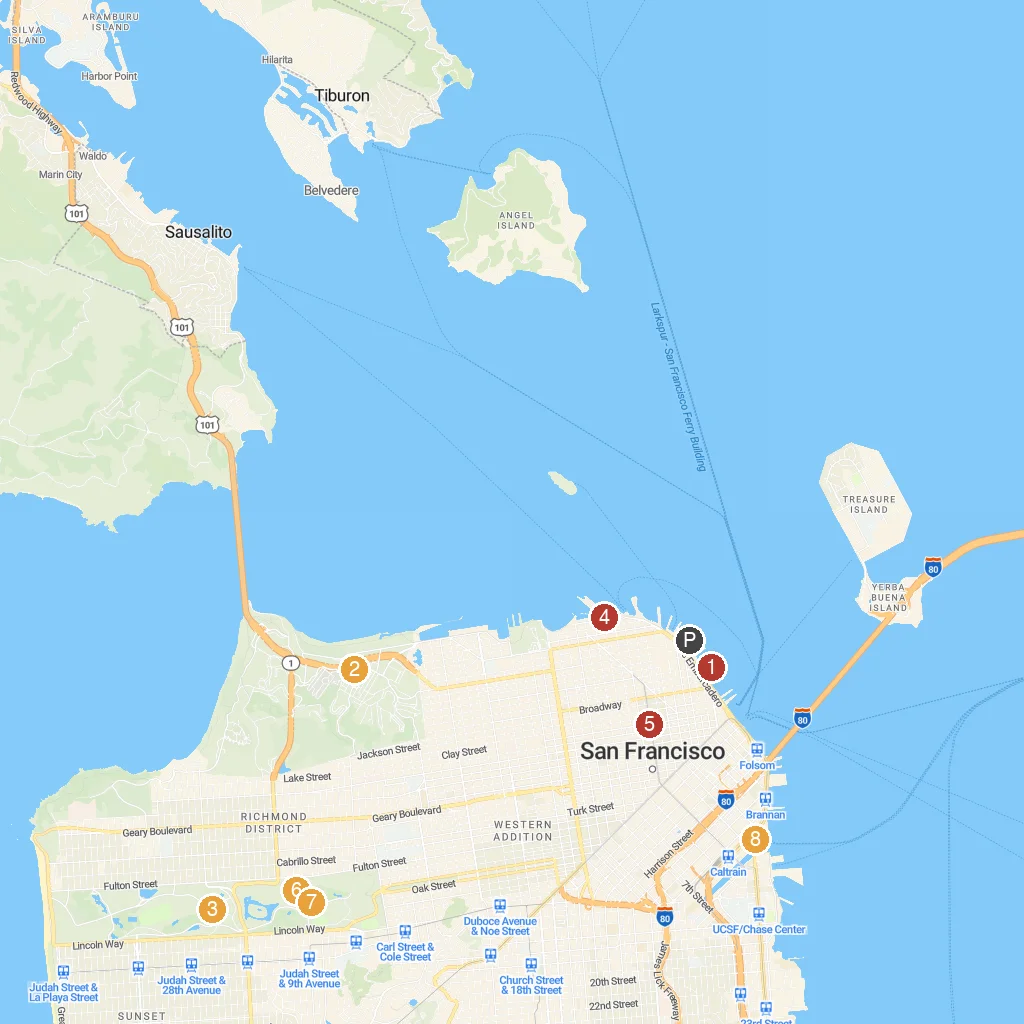 San Francisco, California, USA map with numbered points of interest