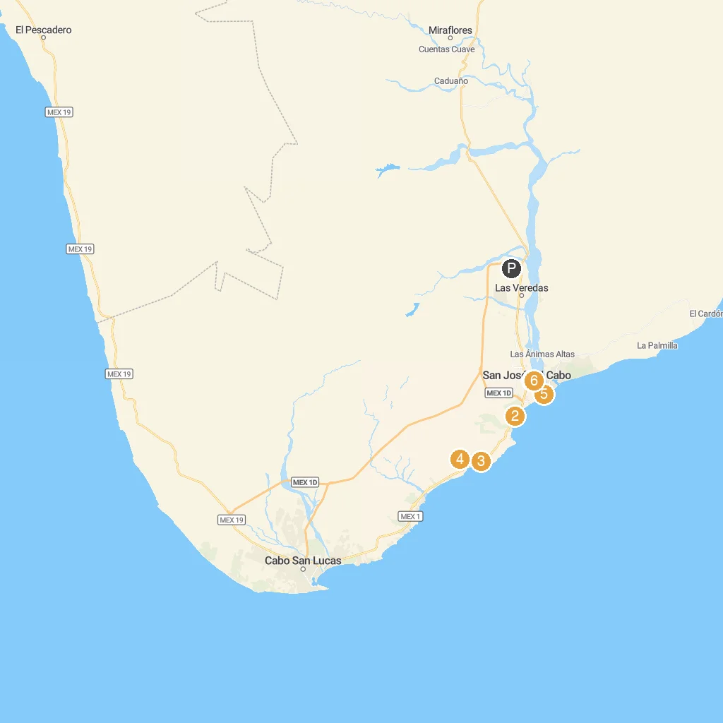 San José del Cabo, Baja California Sur, Mexico map with numbered points of interest