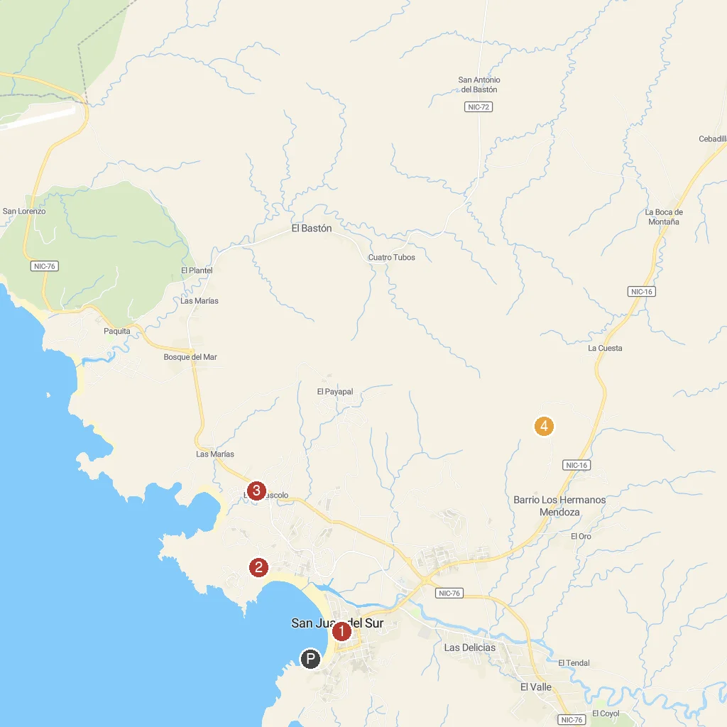 San Juan del Sur, Rivas, Nicaragua map with numbered points of interest