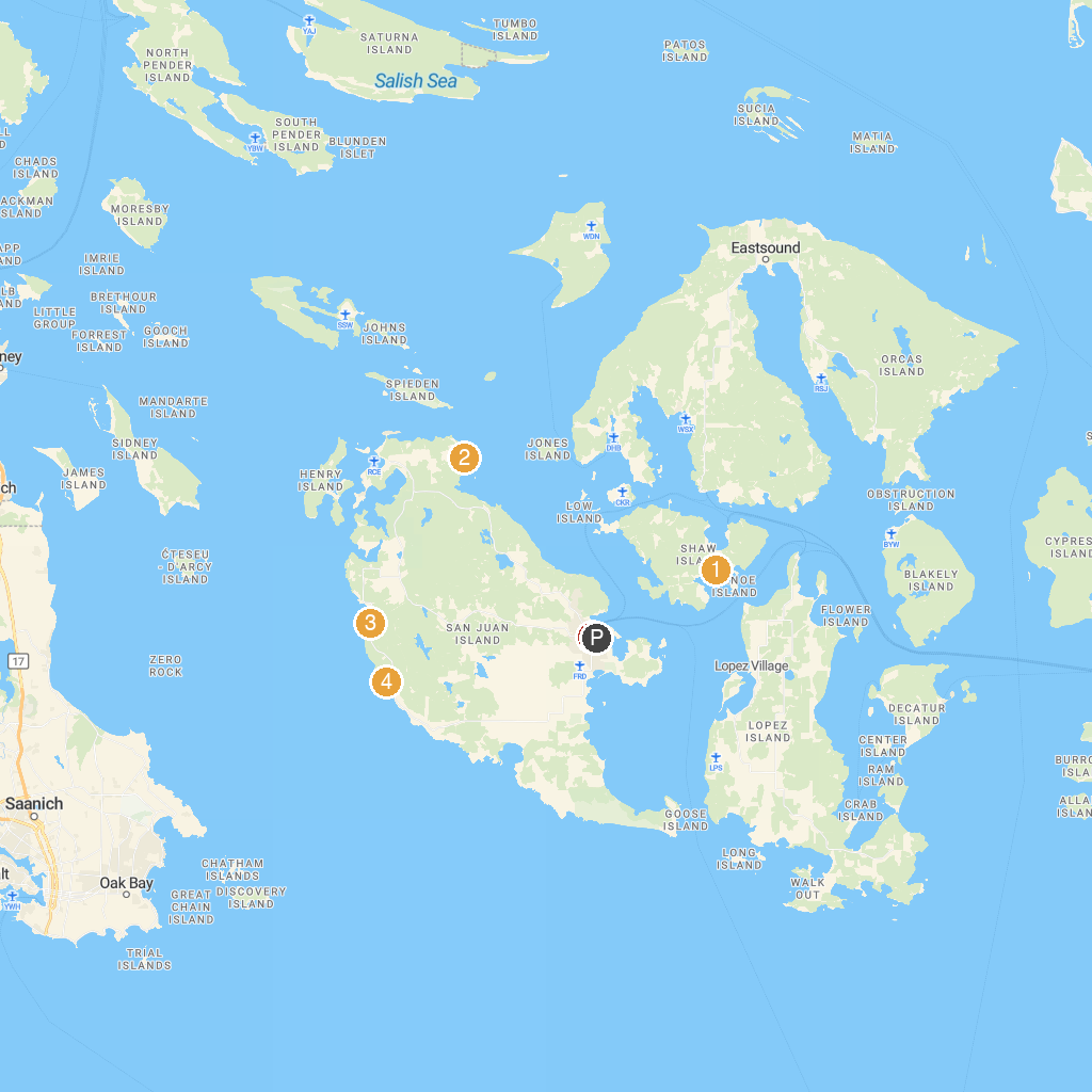 San Juan Islands, Washington, USA map with numbered points of interest