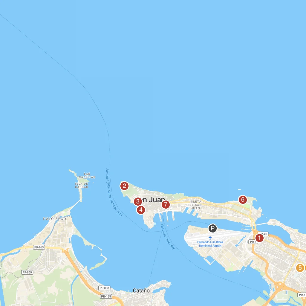 San Juan, Puerto Rico, USA map with numbered points of interest