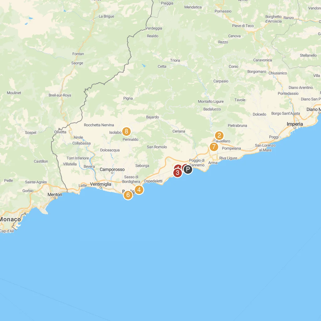 Sanremo, Liguria, Italy map with numbered points of interest