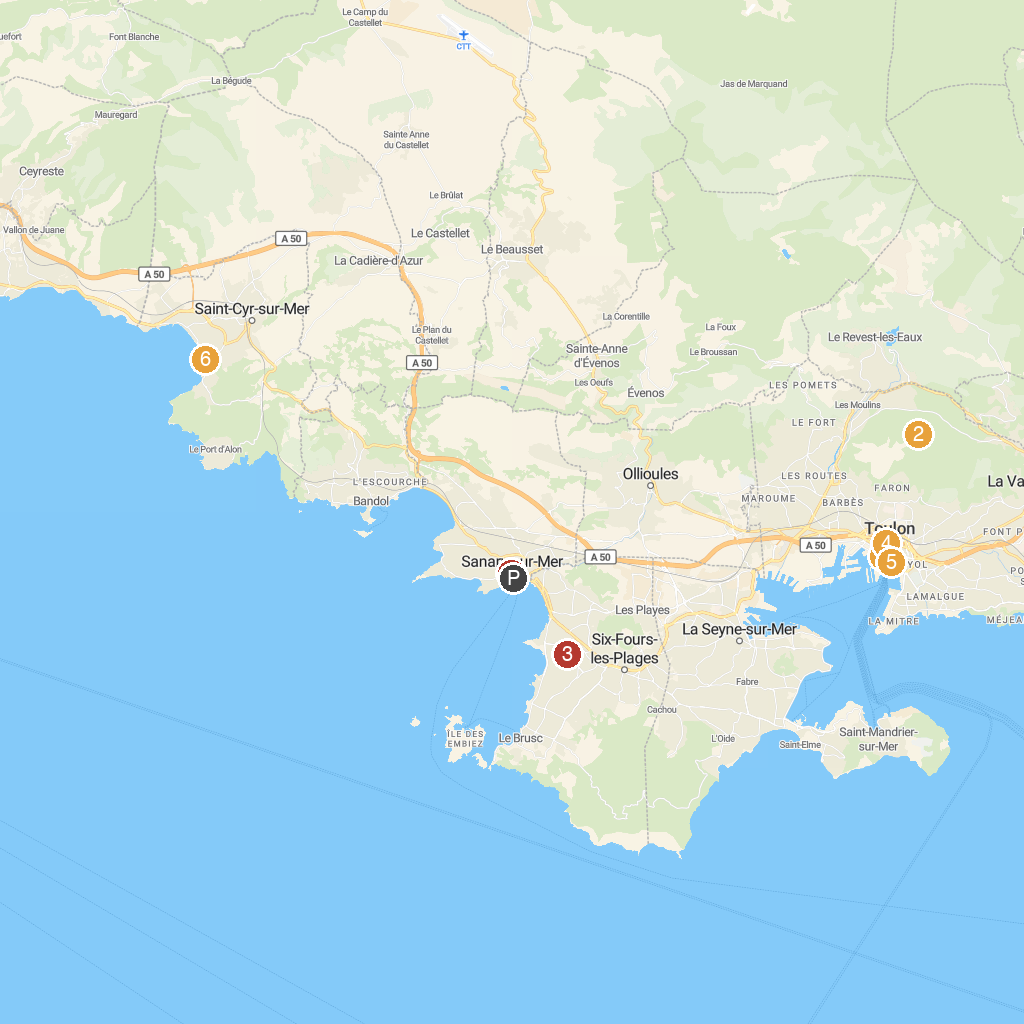 Sanary-sur-Mer, Provence, France map with numbered points of interest