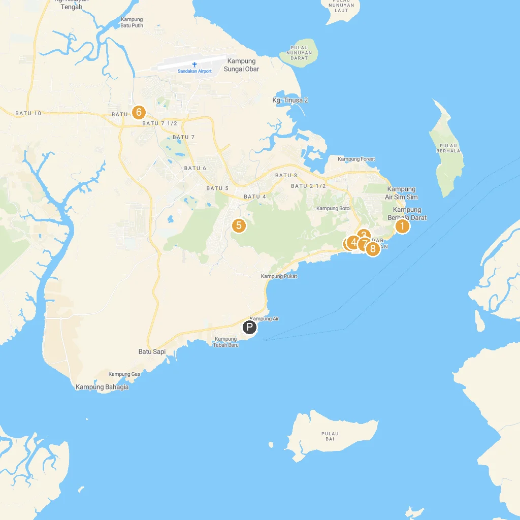 Sandakan, Sabah, Malaysia map with numbered points of interest