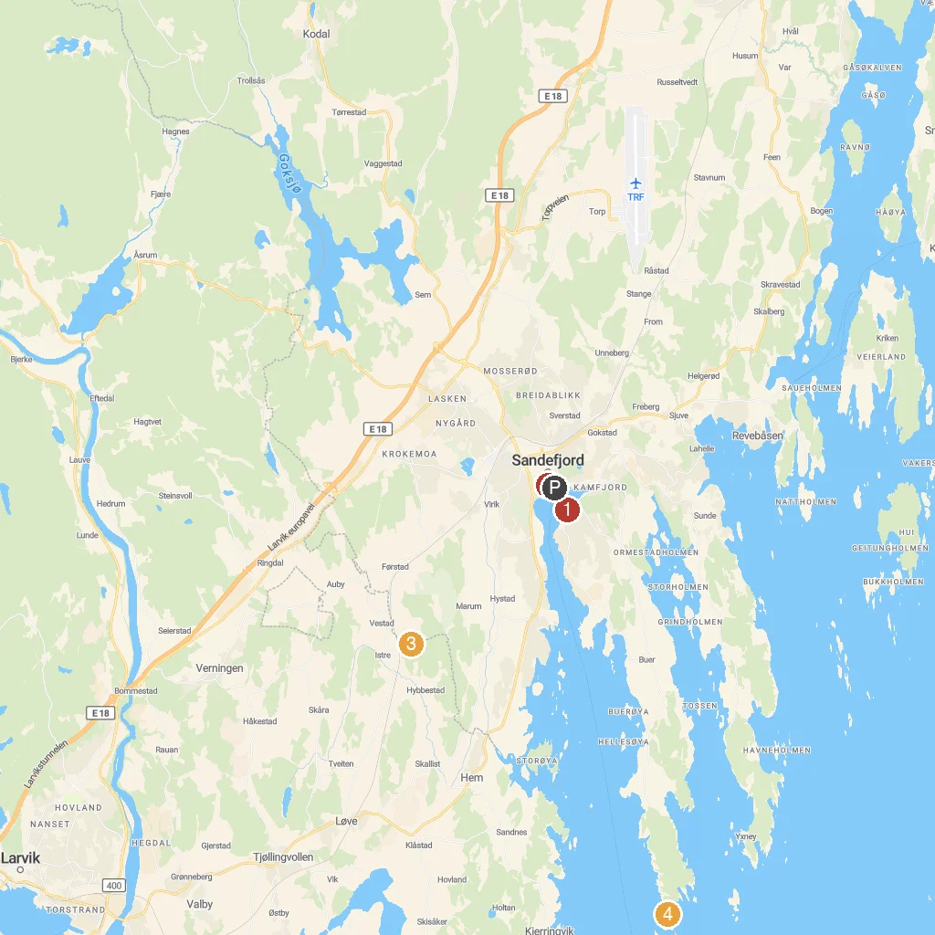 Sandefjord, Vestfold, Norway map with numbered points of interest