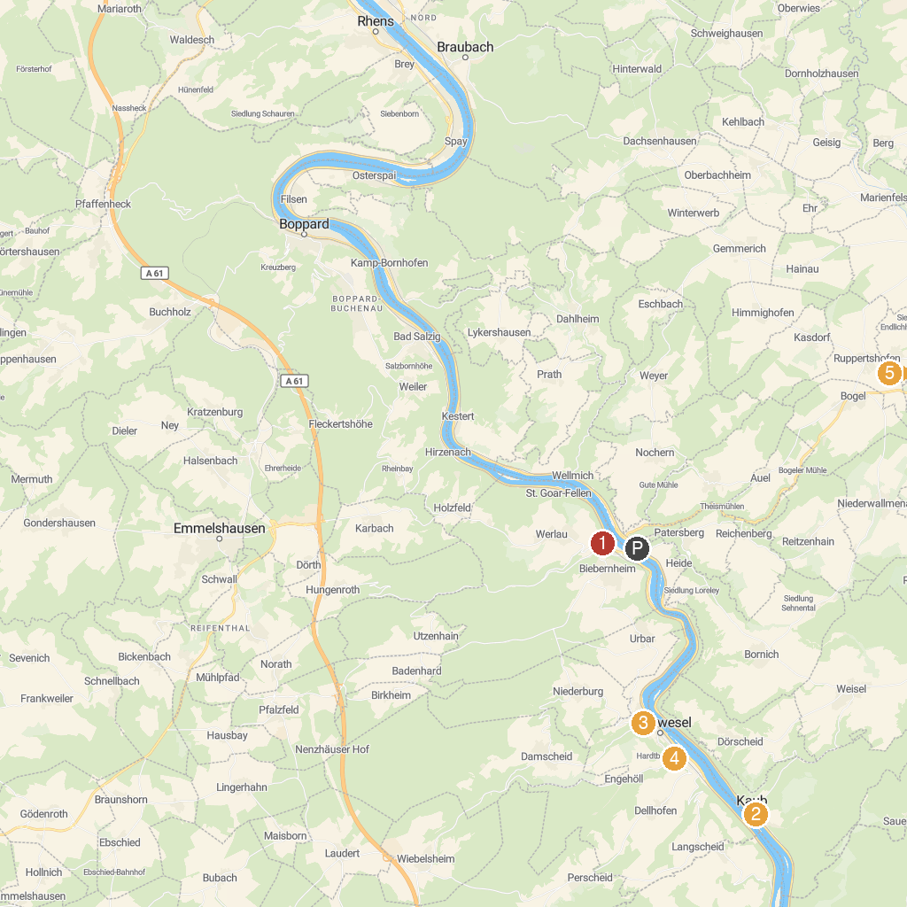 Sankt Goarshausen, Rhineland-Palatinate, Germany map with numbered points of interest