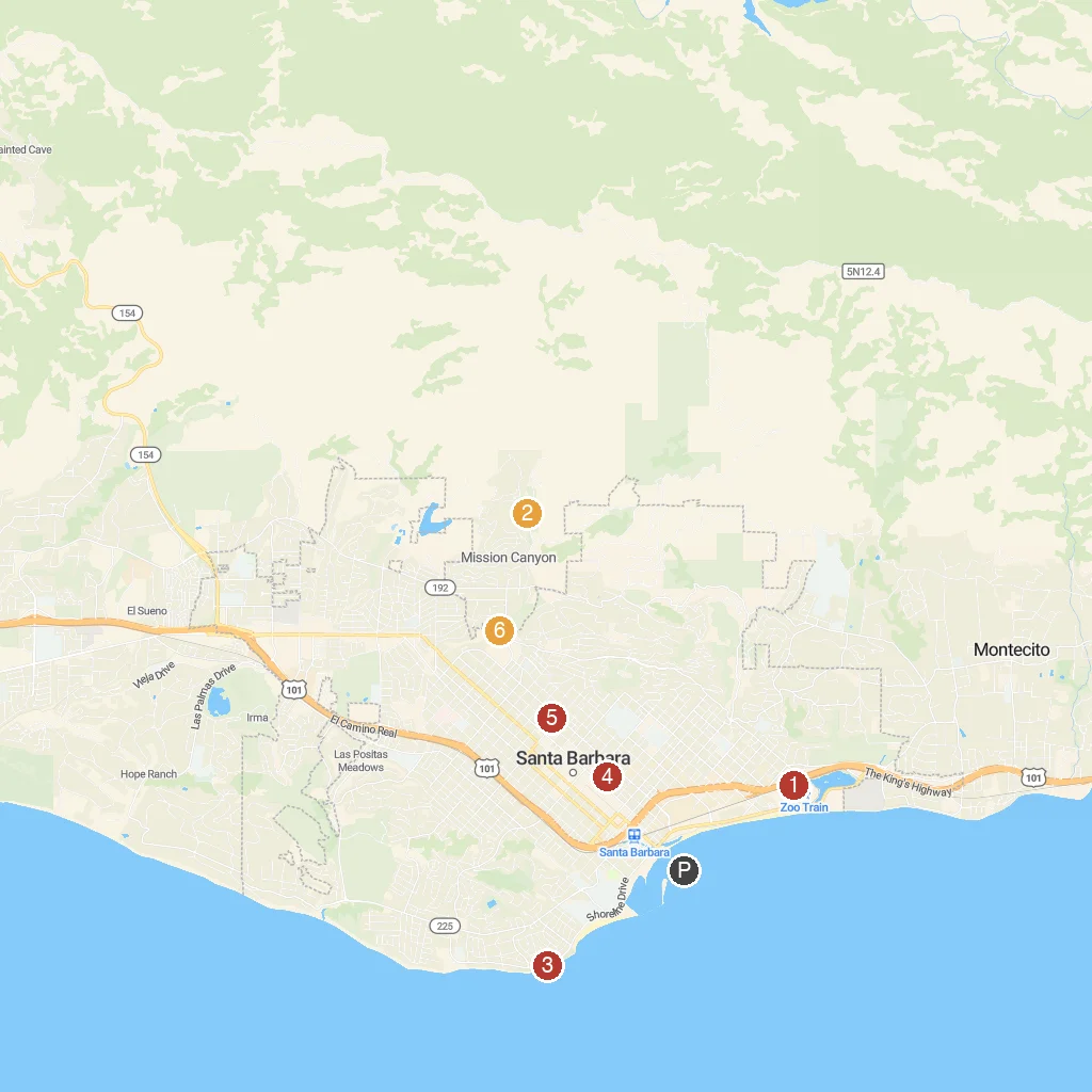 Santa Barbara, California, USA map with numbered points of interest