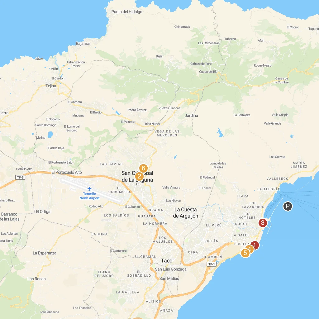 Santa Cruz de Tenerife, Tenerife, Spain map with numbered points of interest