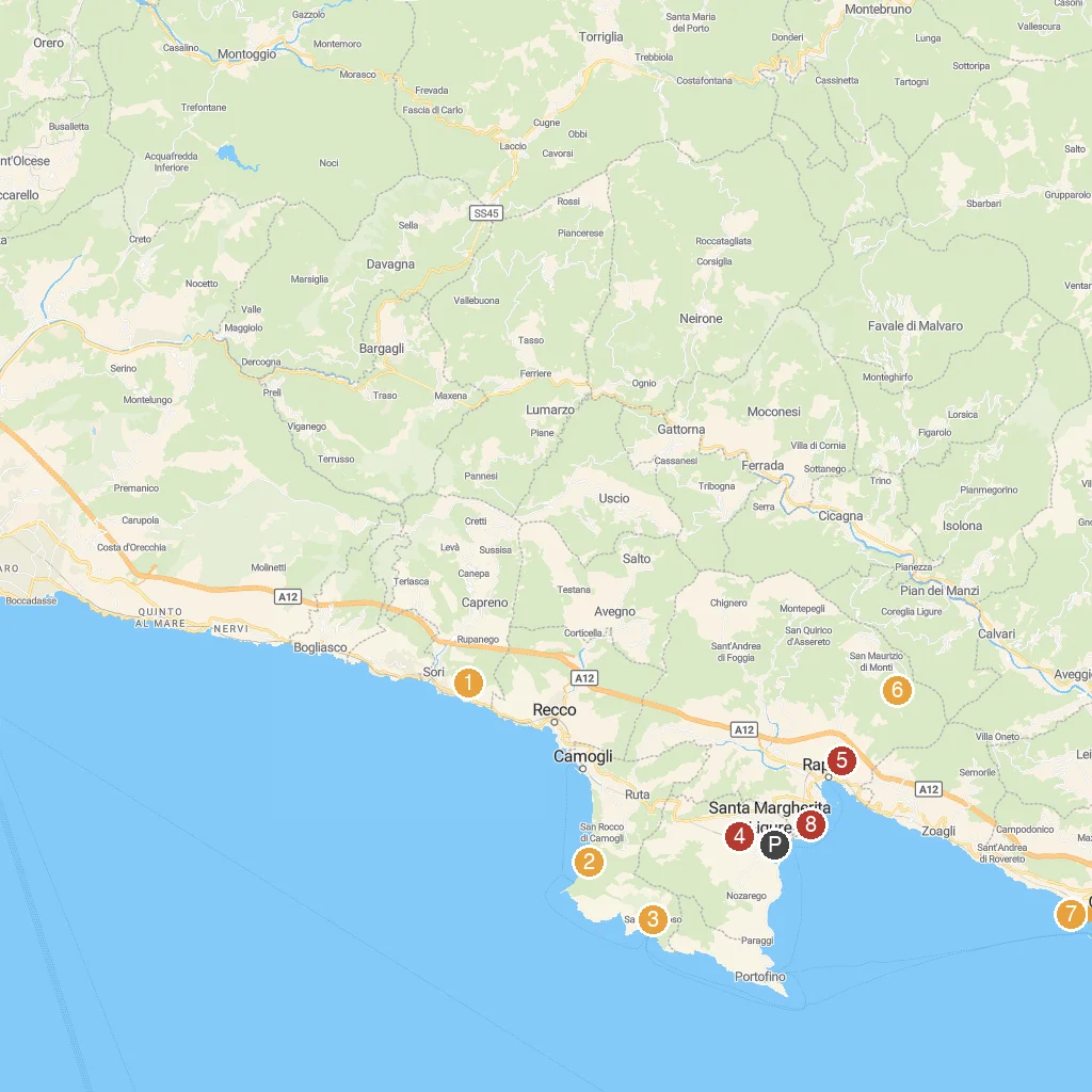 Santa Margherita Ligure, Liguria, Italy map with numbered points of interest