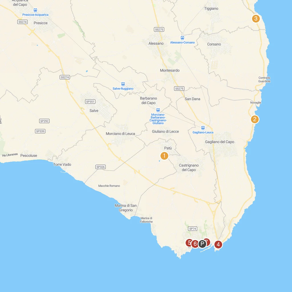 Santa Maria di Leuca, Puglia, Italy map with numbered points of interest
