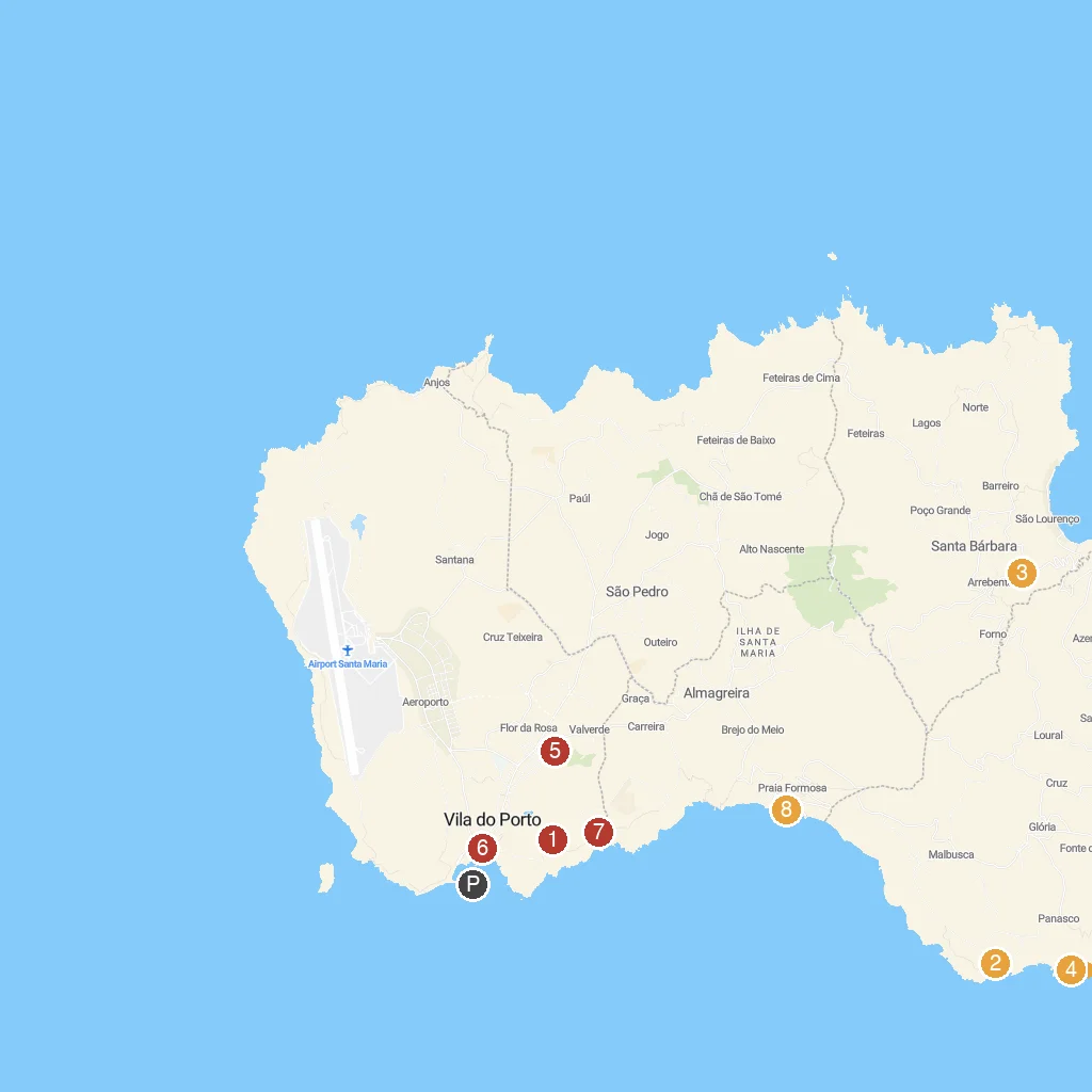 Santa Maria Island, Azores, Portugal map with numbered points of interest
