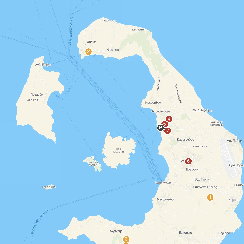 Santorini, Greece map with numbered points of interest