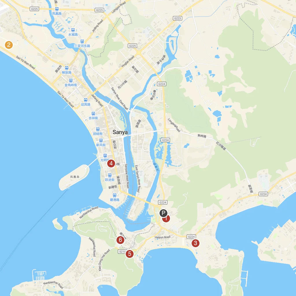 Sanya, Hainan, China map with numbered points of interest