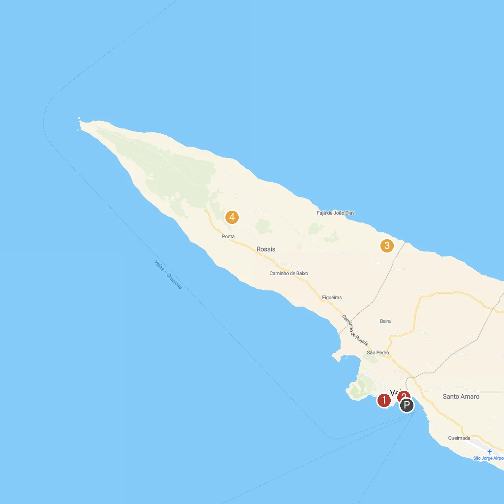 São Jorge Island, Azores, Portugal map with numbered points of interest