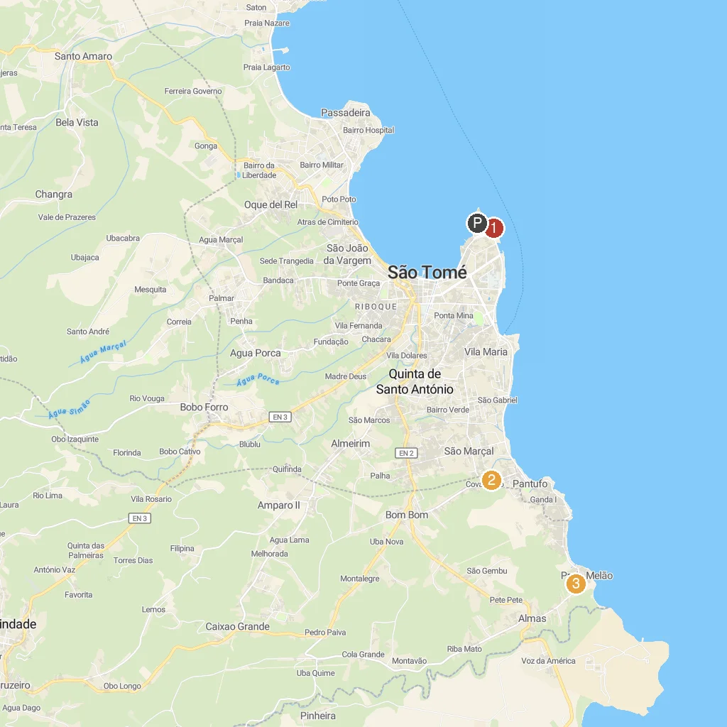 São Tomé Island, São Tomé and Príncipe map with numbered points of interest