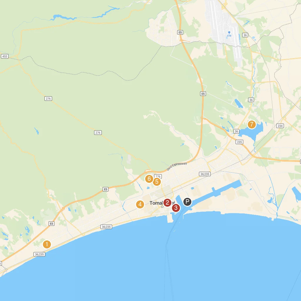 Tomakomai, Hokkaido, Japan map with numbered points of interest