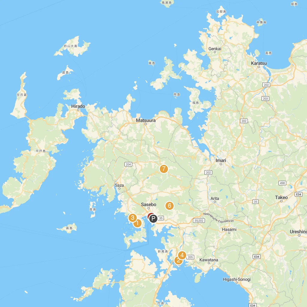 Sasebo, Nagasaki Prefecture, Japan map with numbered points of interest