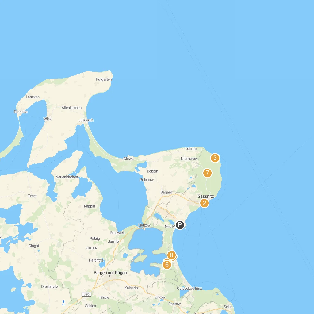 Sassnitz, Rügen, Germany map with numbered points of interest