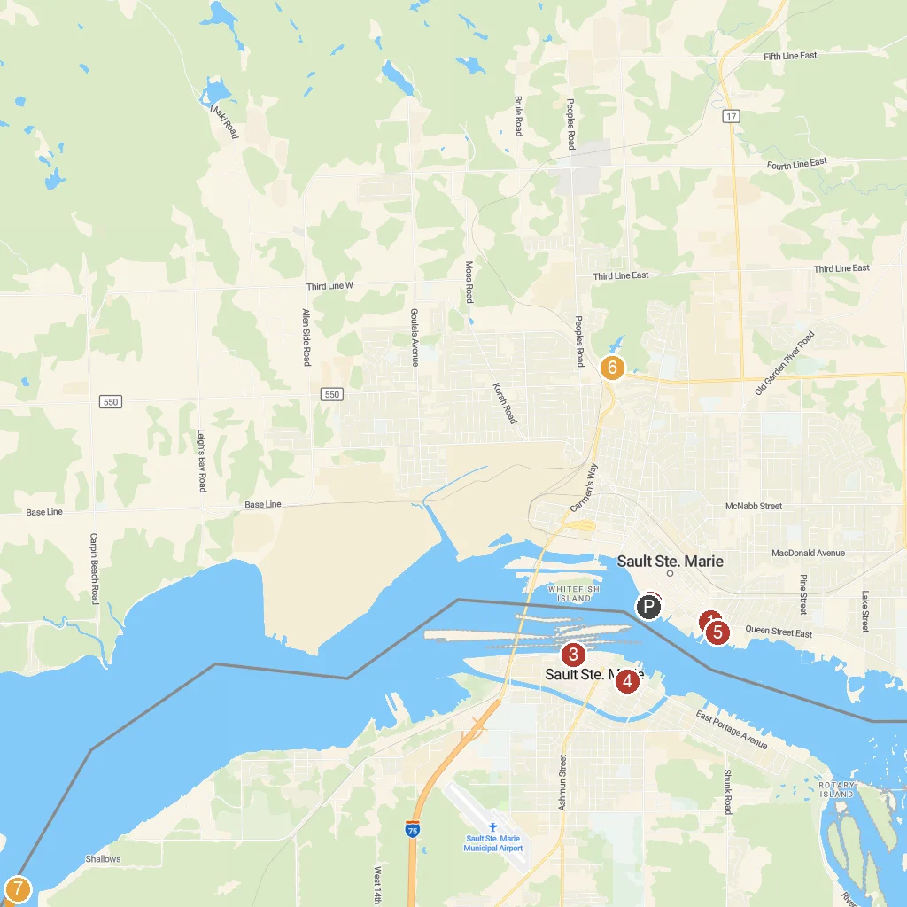 Sault Ste Marie, Ontario, Canada map with numbered points of interest
