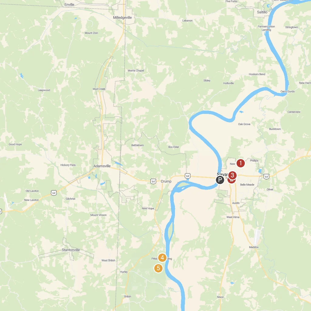 Savannah, Tennessee, USA map with numbered points of interest