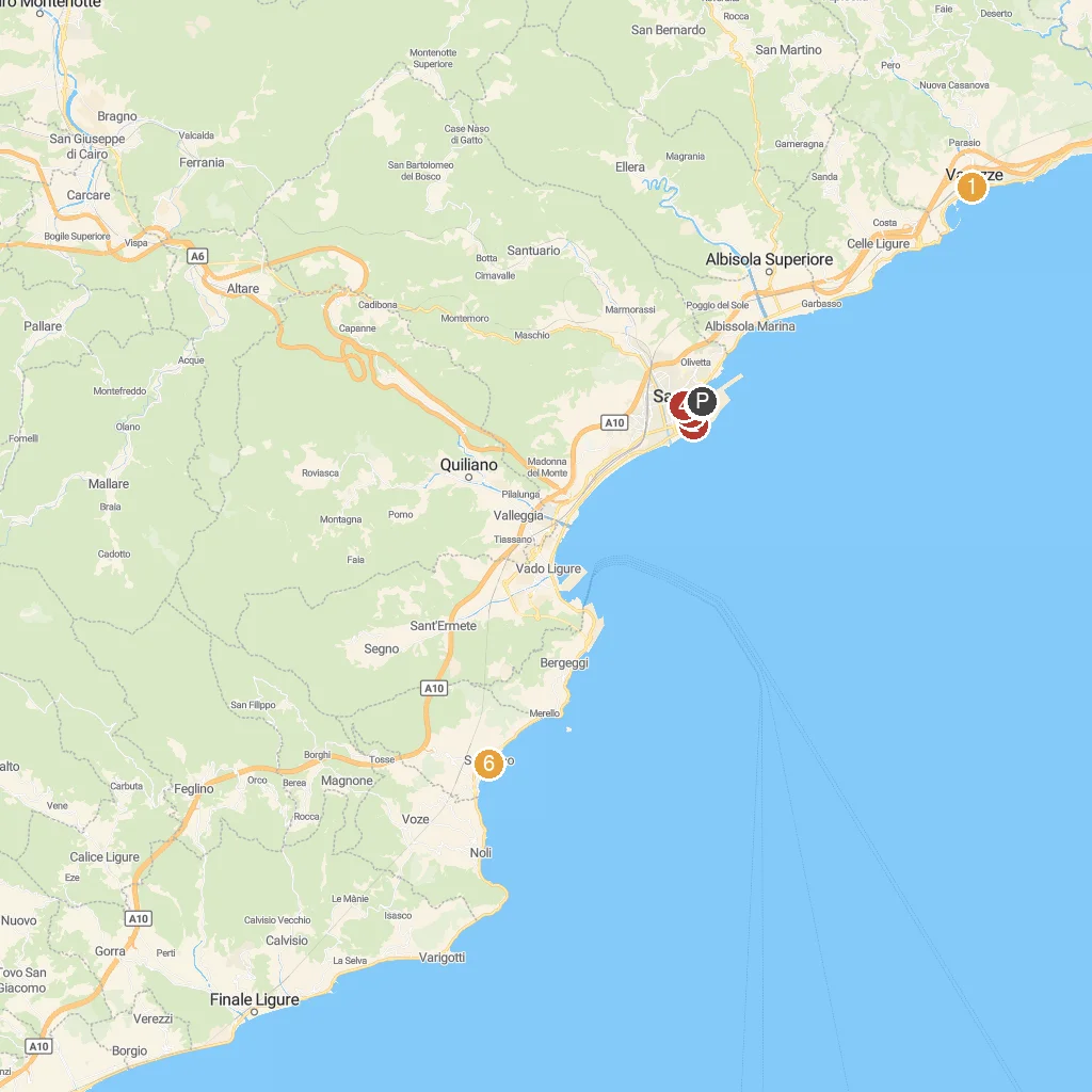Savona, Liguria, Italy map with numbered points of interest