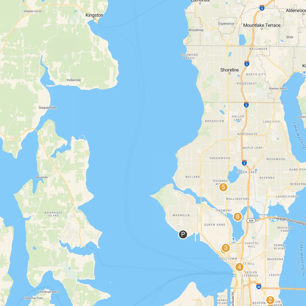 Seattle, Washington, USA map with numbered points of interest