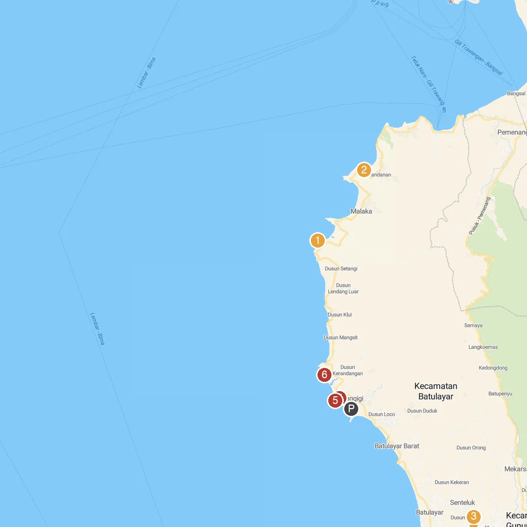 Senggigi, Lombok, Indonesia map with numbered points of interest