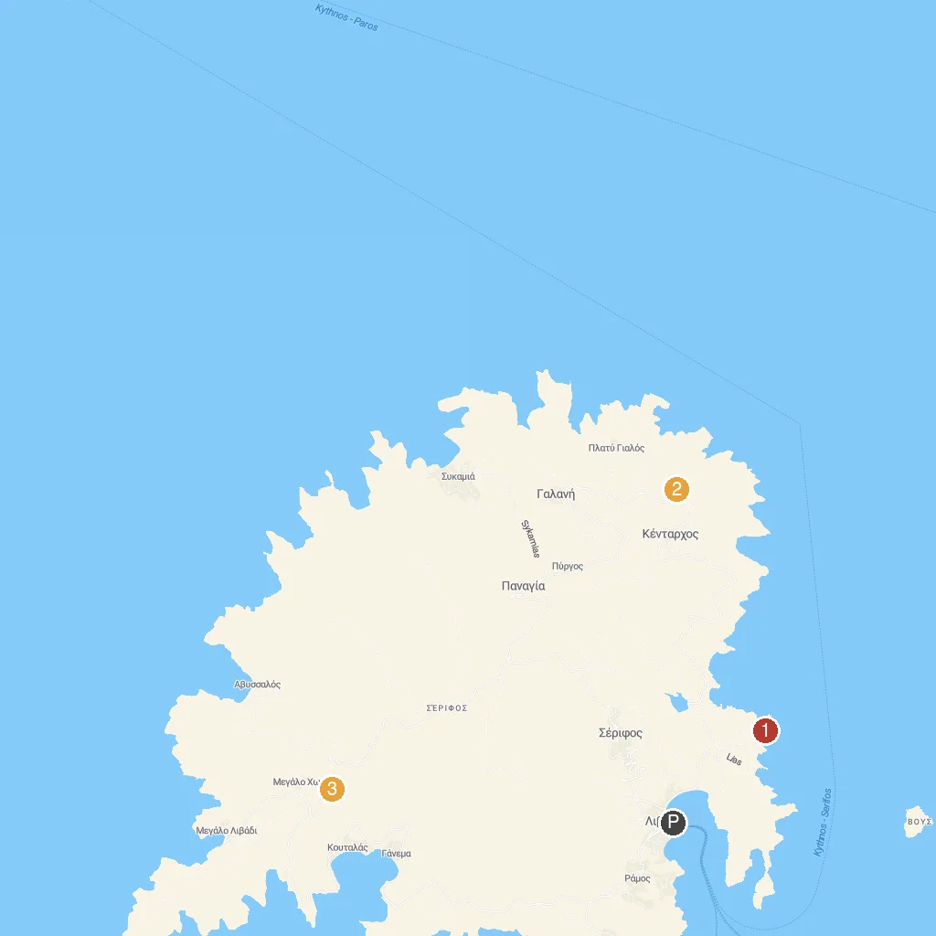 Serifos Island, Cyclades, Greece map with numbered points of interest