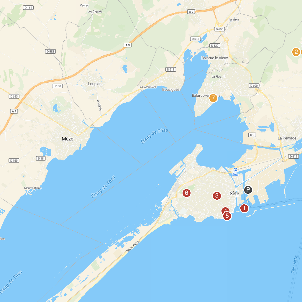 Sète, Occitanie, France map with numbered points of interest