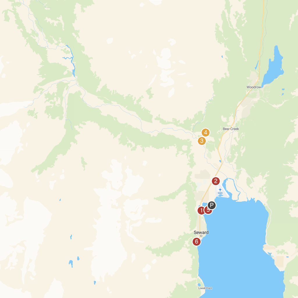 Seward, Alaska, USA map with numbered points of interest