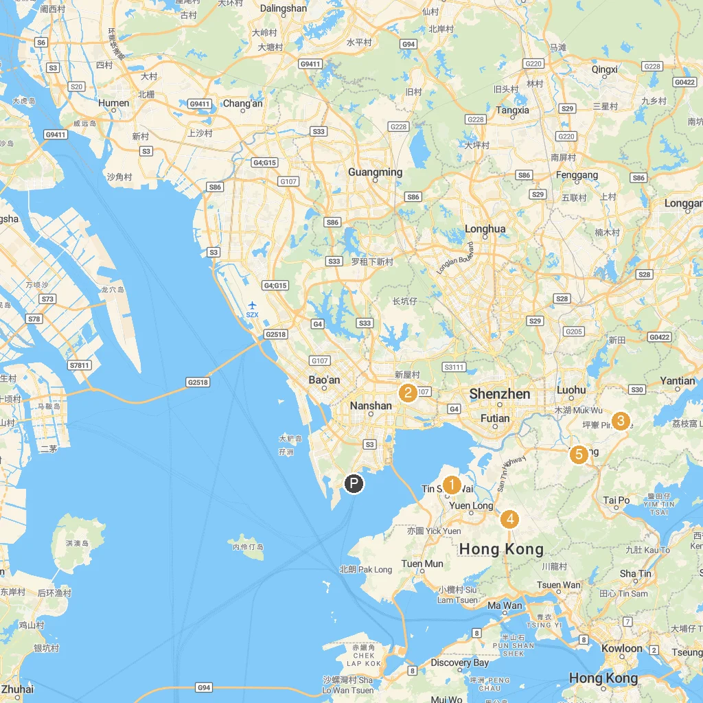 Shenzhen, Guangdong, China map with numbered points of interest