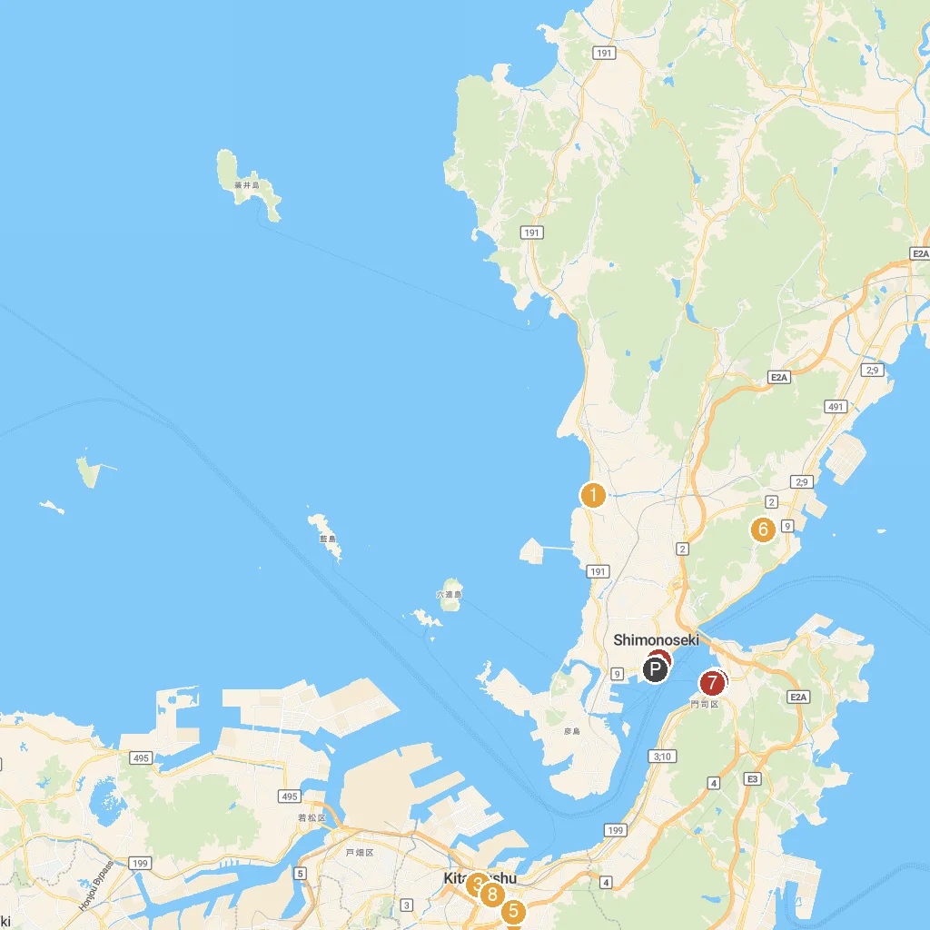 Shimonoseki, Yamaguchi, Japan map with numbered points of interest