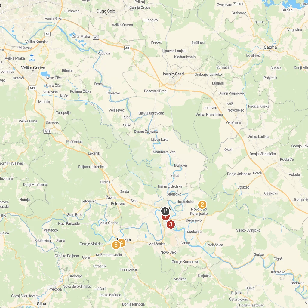 Sisak, Sisak-Moslavina County, Croatia map with numbered points of interest