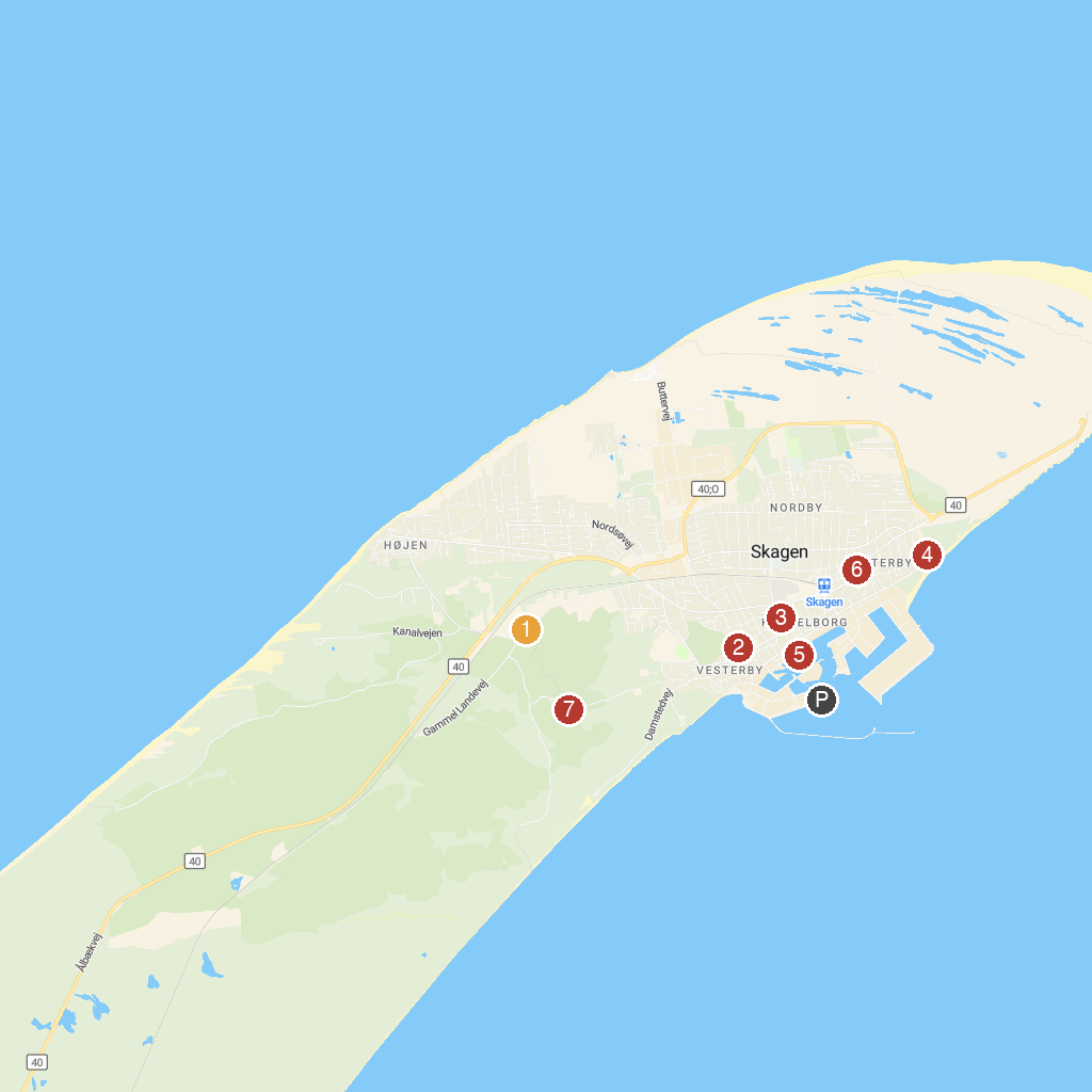 Skagen, Jutland, Denmark map with numbered points of interest