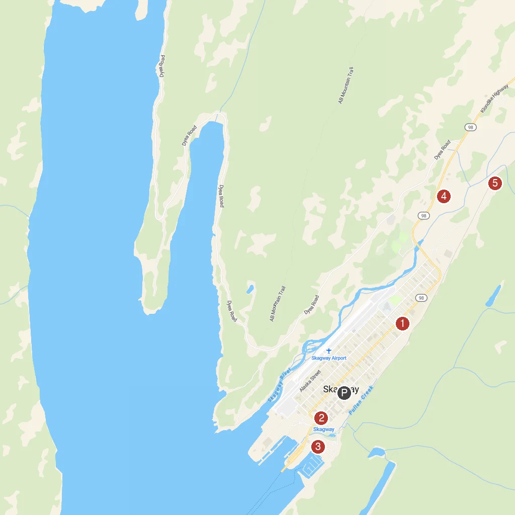 Skagway, Alaska, USA map with numbered points of interest