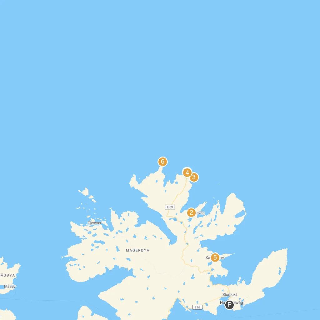 Skarsvåg, Finnmark, Norway map with numbered points of interest