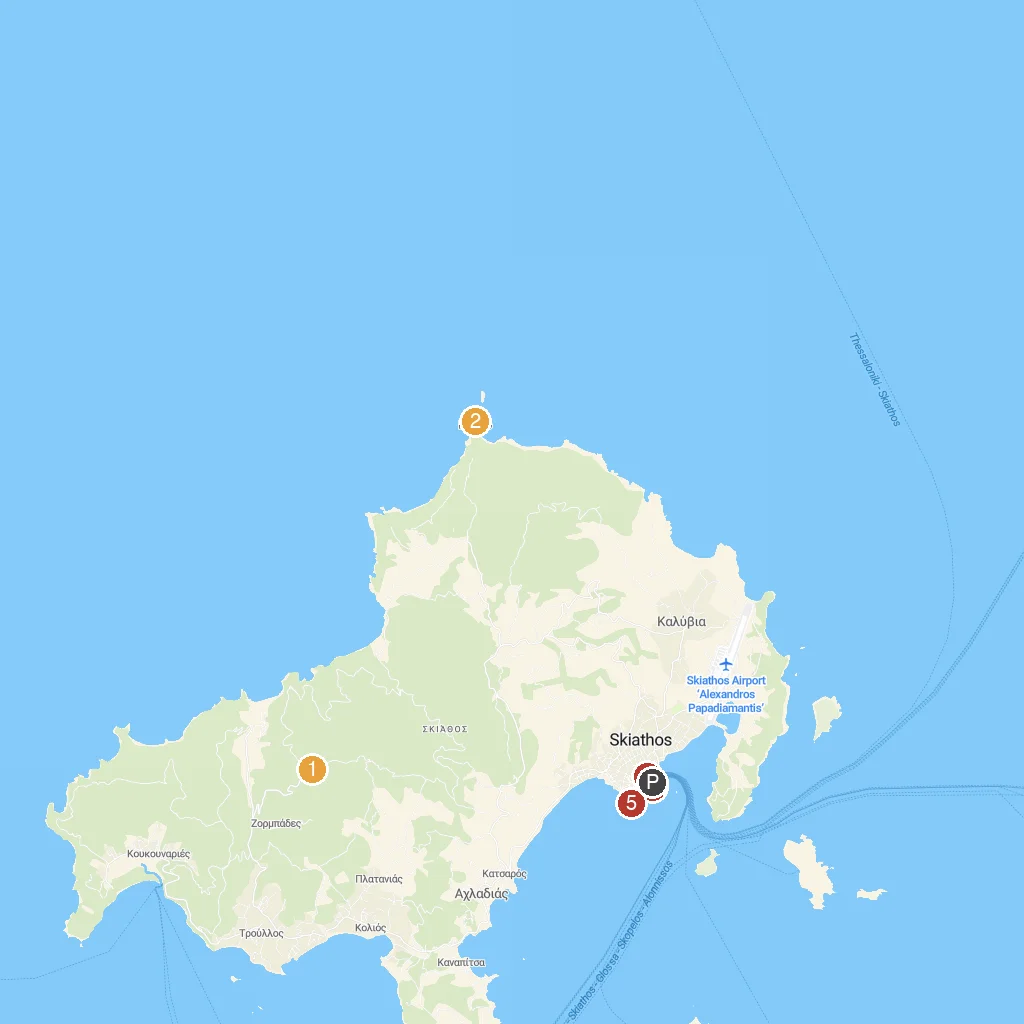 Skiathos Island, Sporades, Greece map with numbered points of interest