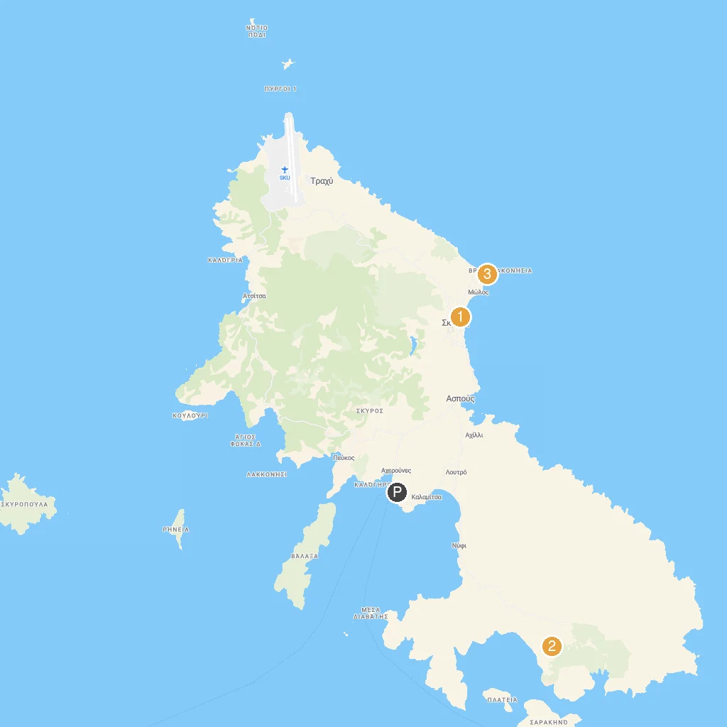 Skyros Island, Sporades, Greece map with numbered points of interest