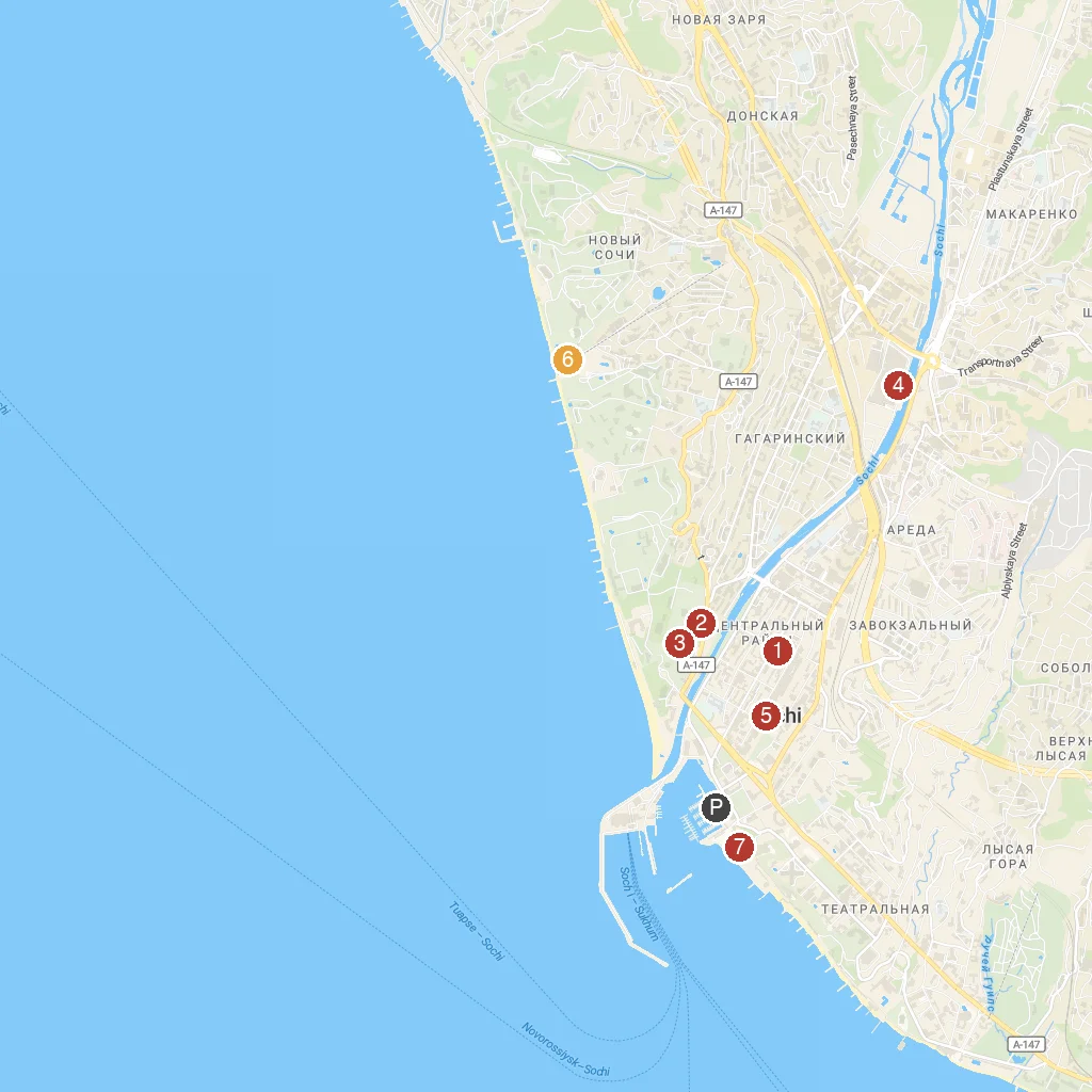 Sochi, Krasnodar Krai, Russia map with numbered points of interest
