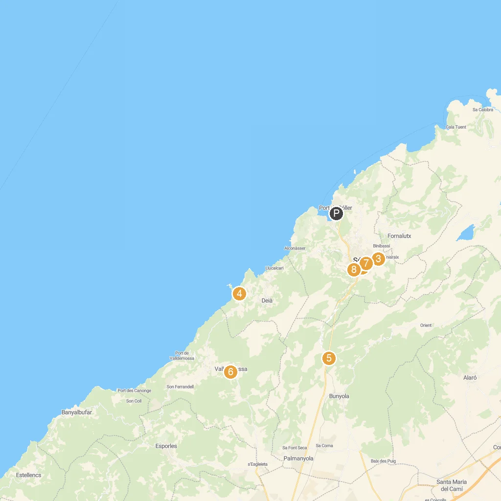 Sóller, Mallorca, Spain map with numbered points of interest