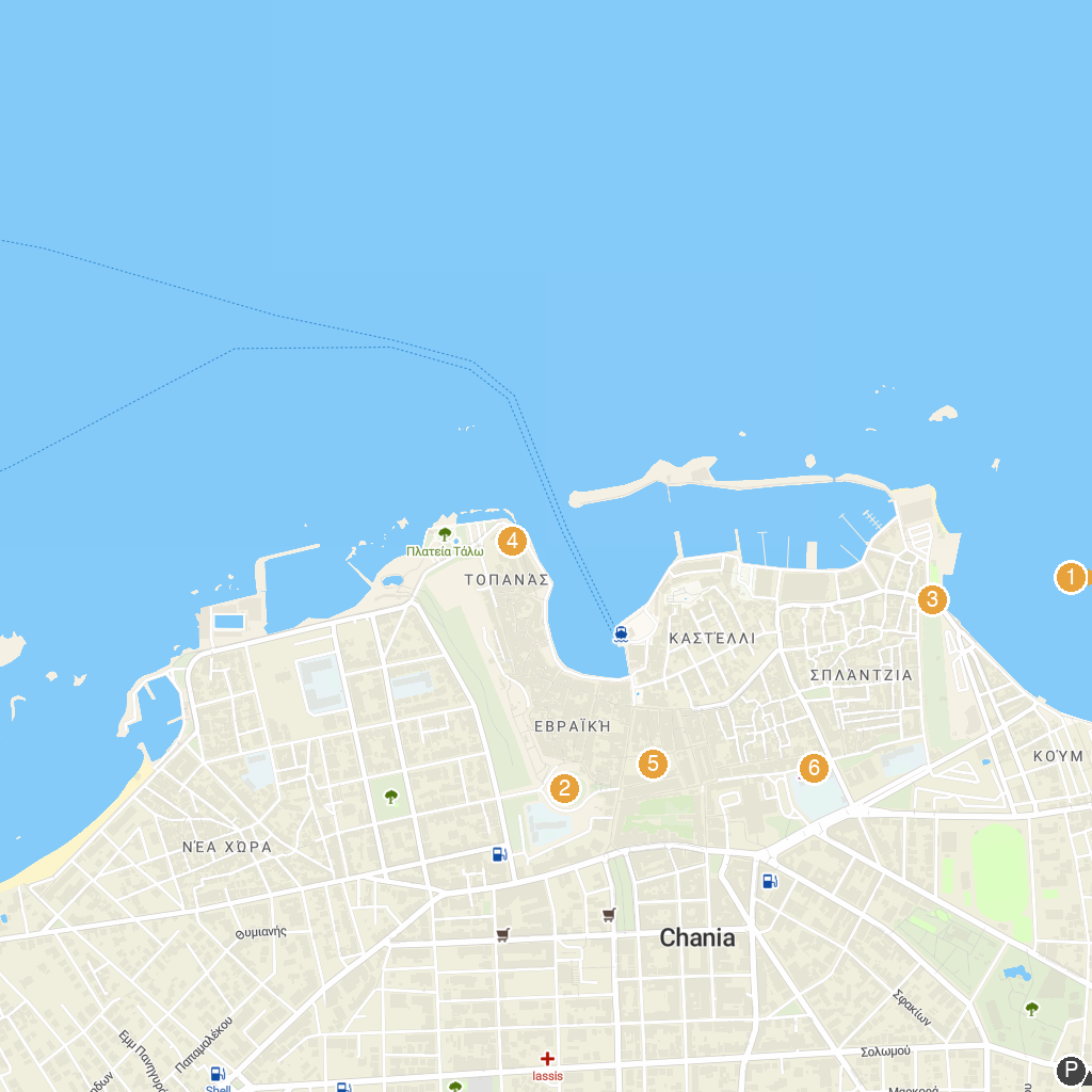 Souda (Chania), Crete, Greece map with numbered points of interest