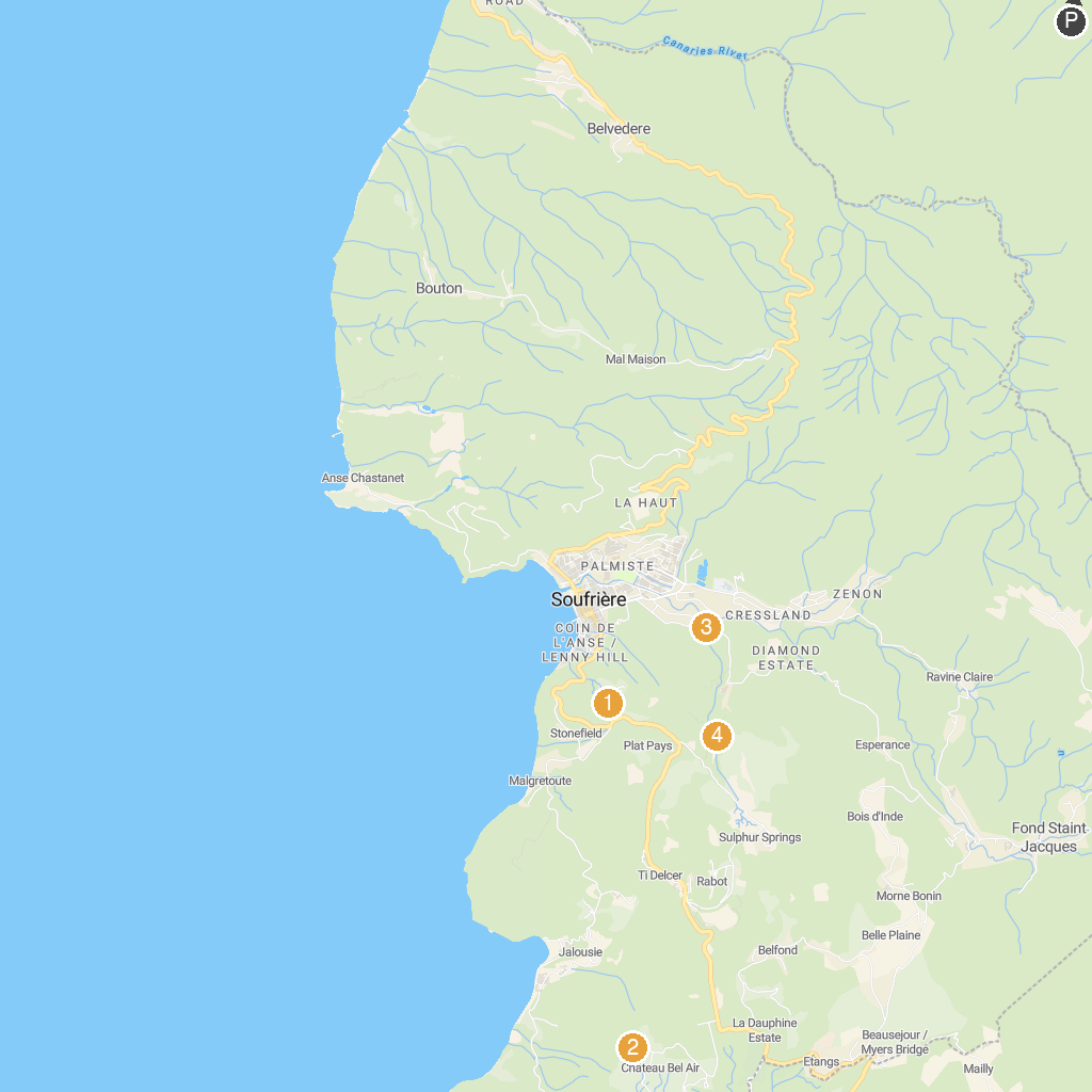 Soufrière, St. Lucia, Caribbean map with numbered points of interest