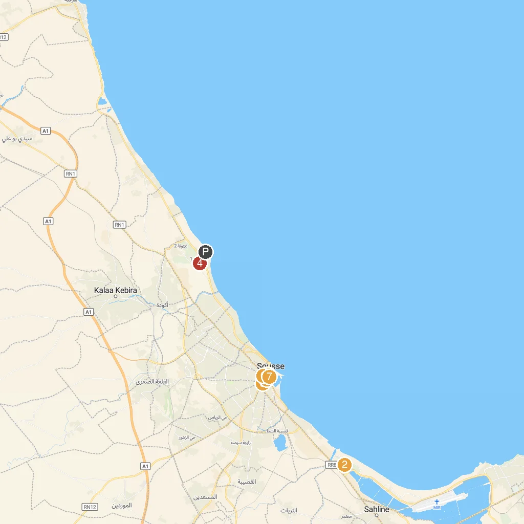Sousse, Sahel, Tunisia map with numbered points of interest
