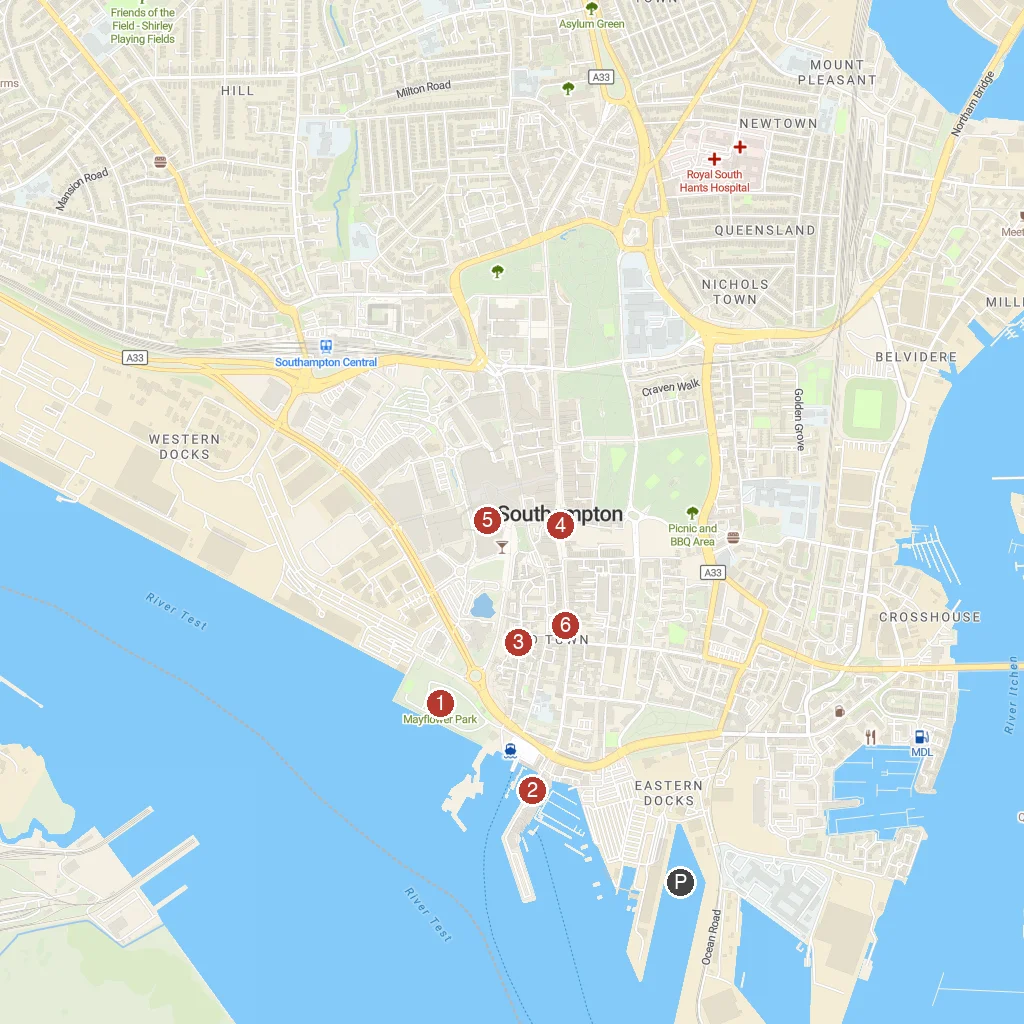 Southampton, England, United Kingdom map with numbered points of interest