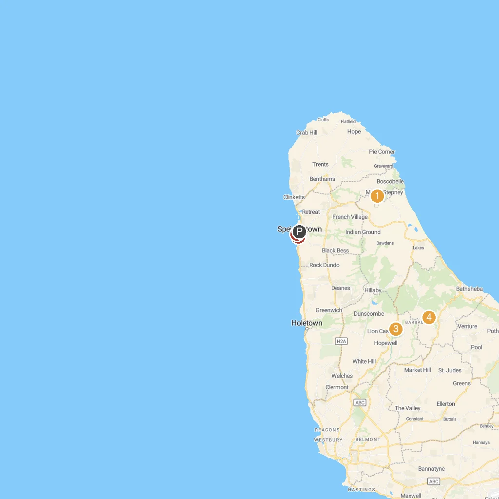 Speightstown, St. Peter, Barbados map with numbered points of interest