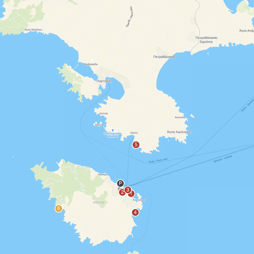 Spetses Island, Saronic Gulf, Greece map with numbered points of interest