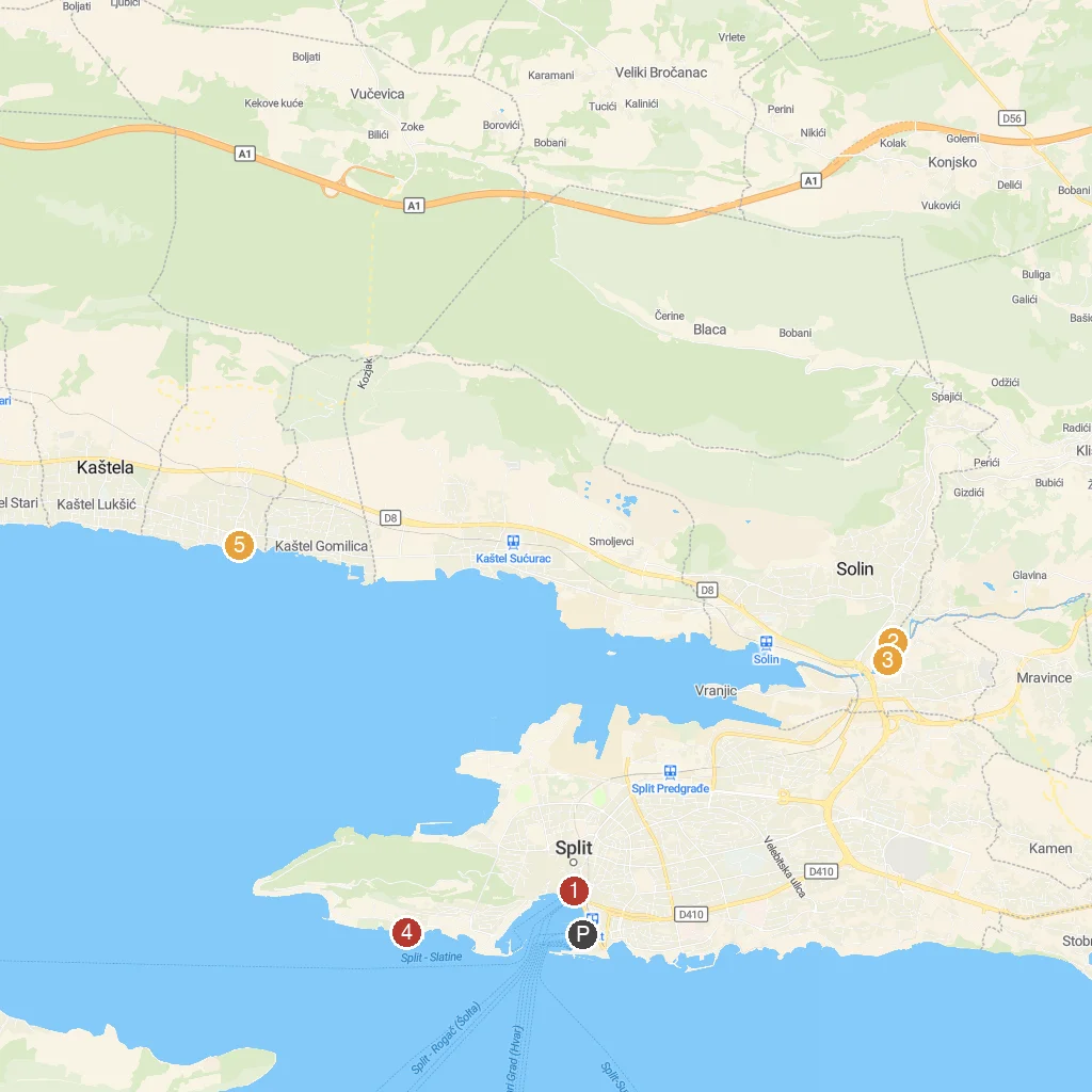 Split, Dalmatia, Croatia map with numbered points of interest